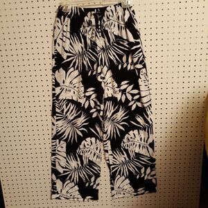 Le Cove Sz Small Boho Wide leg Palazzo Pants Wide Waistband w/ Belt Blk/White